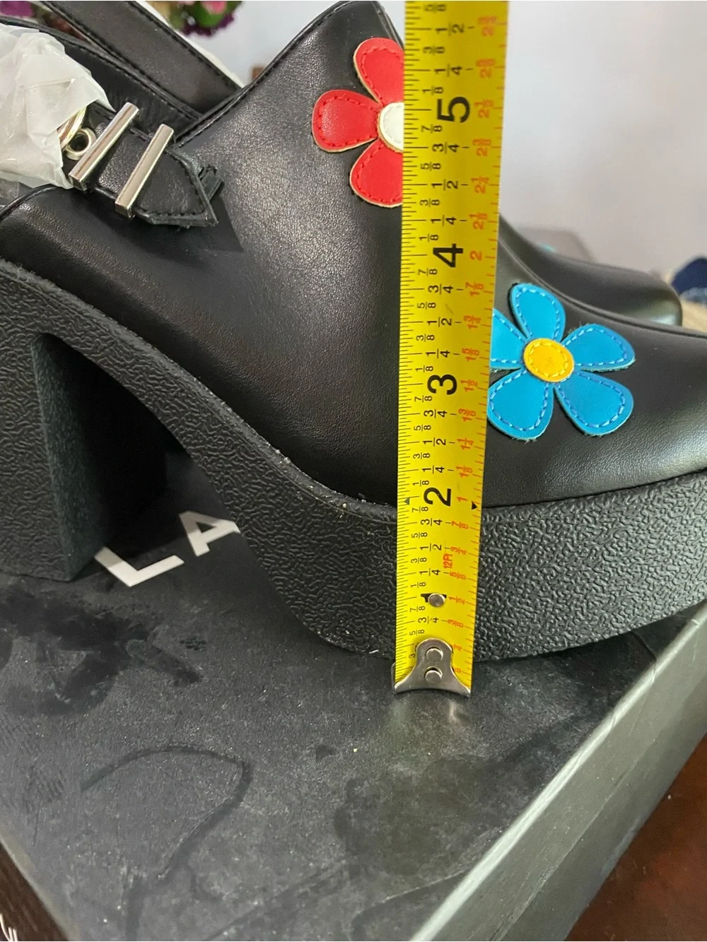 Black Platform Mary Janes with Blue & Red Floral Accents
